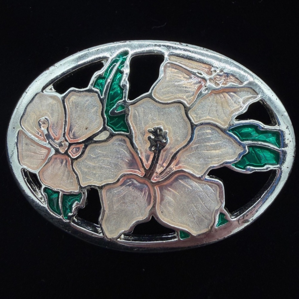 Vintage Enamel Hibiscus Flower Brooch White Green Silver Tone Tropical Pin